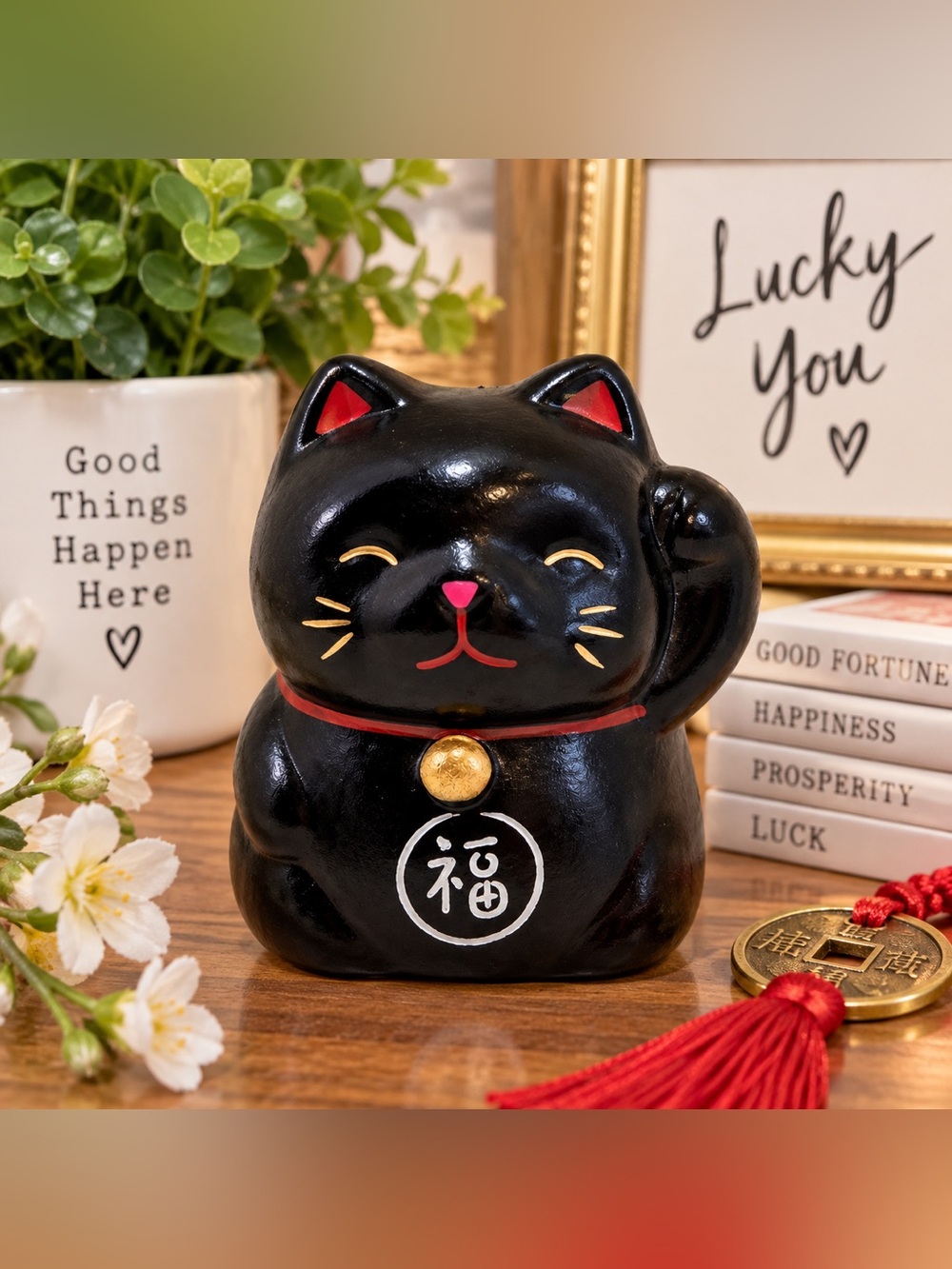 Cost Plus World Market Black and Gold Lucky Fortune Mini Cat Figurine
